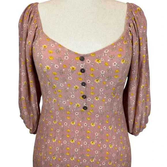 Floral Mini Dress Medium Dusty Rose Puff Sleeves Smocked Back Ruffle Hem Boho - Picture 2 of 11